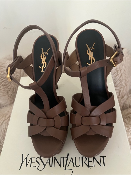 Yves Saint Laurent Shoes - Yves Saint Laurent Brown Leather Knotted Platform Heels with Gold Logo